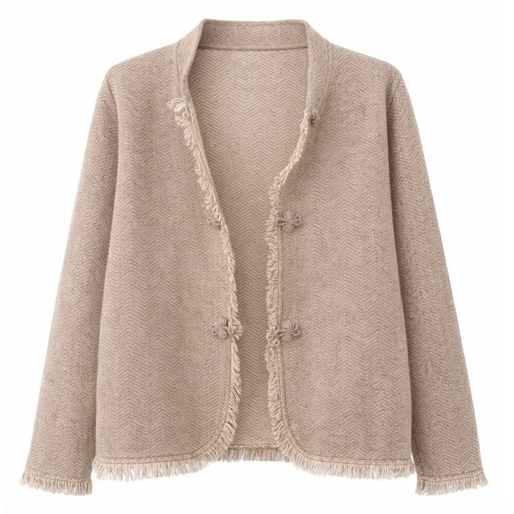 Herringbone Fringe Jacket Cardigan Toggle Closure Neutral Boho Open Front Small